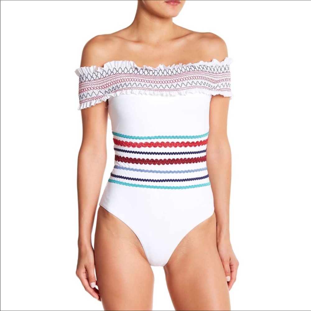 Red Carter Embroidery/Ribbon Embellished Swimsuit